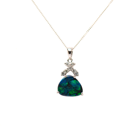 18ct White gold black opal and diamond pendant with hues of green and flashes of blue | Fremantle Opals