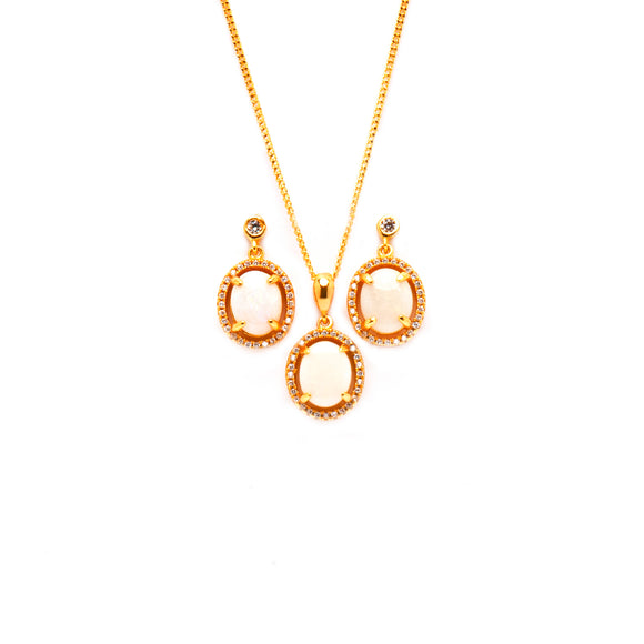 Gold Plated White Opal Pendant and Earring Set