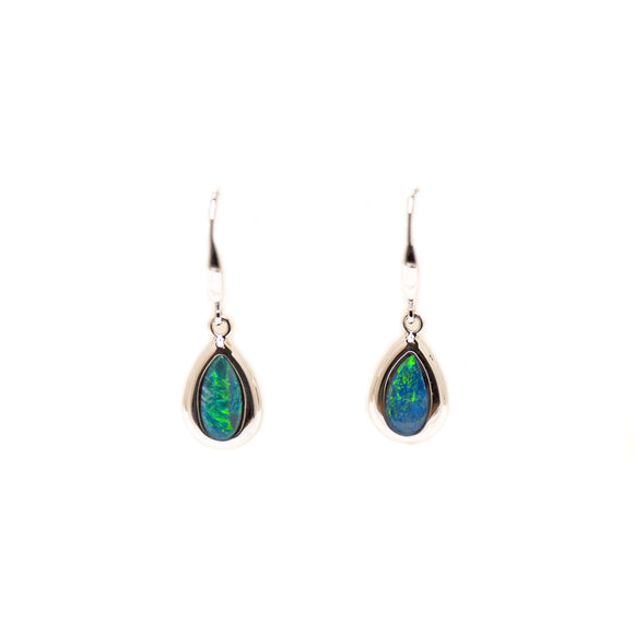 14ct White Gold Doublet Inlay Earrings | Blues and Greens | Pear Cut Drop Earrings - Fremantle Opals
