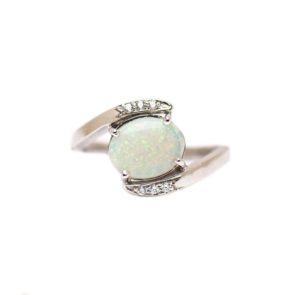Sterling silver ring with Australian white opal and cubic zirconia, featuring green with orange flashes - Fremantle Opals