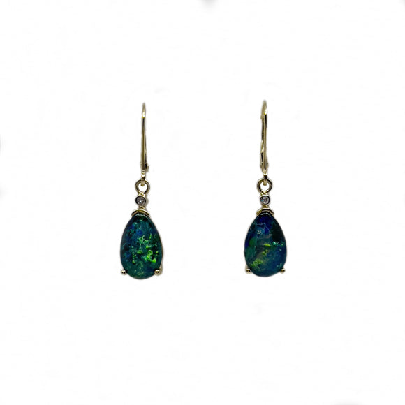 9ct yellow gold drop earrings featuring teardrop-shaped triplet opals with vibrant green and blue hues, accented by a small diamond above each opal. | Fremantle Opals