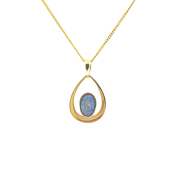 9ct yellow gold pendant with a teardrop-shaped frame, showcasing a vibrant Australian doublet opal with vivid color play, bezel-set for an elegant and modern look. | Fremantle Opals