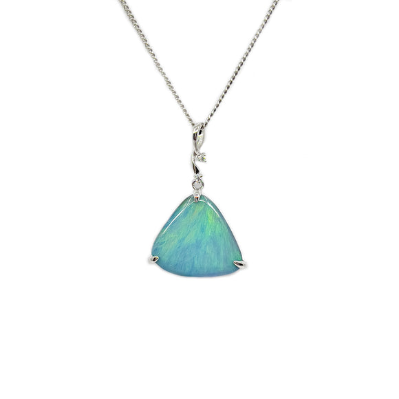 A sterling silver pendant with a vibrant blue and green doublet opal, accented by a cubic zirconia at the top, suspended on a silver-plated chain. | Fremantle Opals