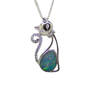 Sterling Silver Doublet Opal Cat Pendant with Cubic Zirconia