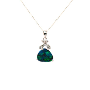 18ct White gold black opal and diamond pendant with hues of green and flashes of blue | Fremantle Opals