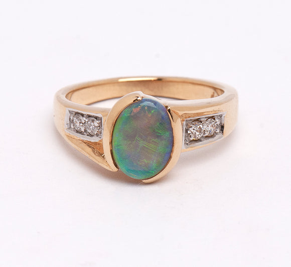 18ct Yellow Gold Crystal Opal Ring with Diamonds