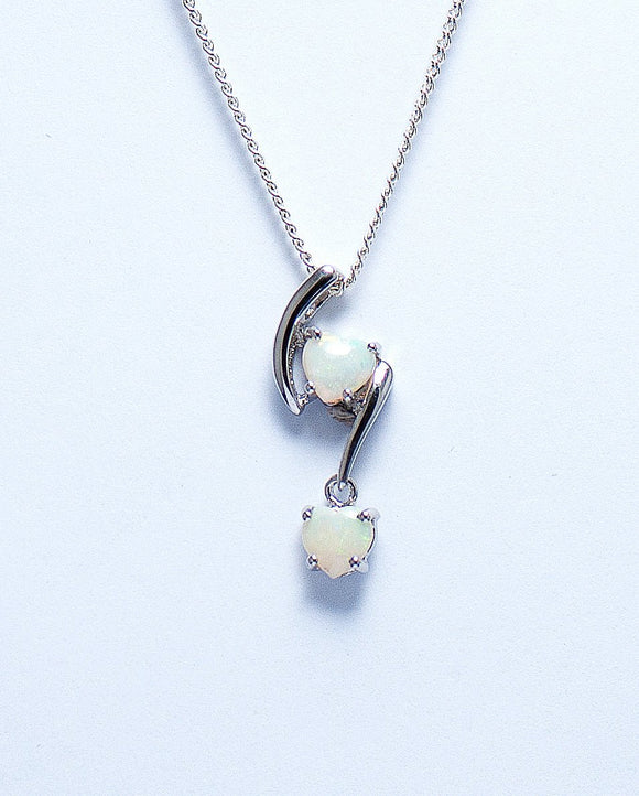 Sterling silver pendant featuring two claw-set white opals with a delicate play of colours. | Fremantle Opals