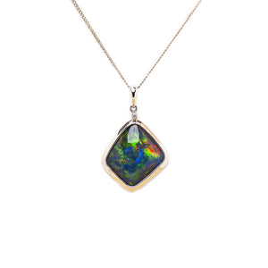 9ct White Gold Triplet Opal Pendant | Blue, Green, Red, Orange Flashes | Free-Form Diamond Shape | Bezel Set Diamond Accent | Fremantle Opals