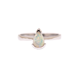 Sterling Silver Australian Light Opal Pear Cut Ring with Half Bezel Setting, showcasing vibrant red and green colours with flashes of blue - Fremantle Opals