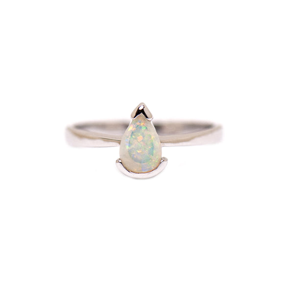 Sterling Silver Australian Light Opal Pear Cut Ring with Half Bezel Setting, showcasing vibrant red and green colours with flashes of blue - Fremantle Opals