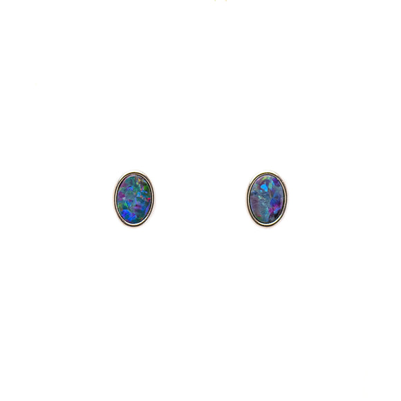 Sterling Silver Opal Doublet Stud Earrings | Red, Green, Blue Hues | Oval Cut | Bezel Set | Fremantle Opals