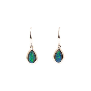 14ct White Gold Doublet Inlay Earrings | Blues and Greens | Pear Cut Drop Earrings - Fremantle Opals