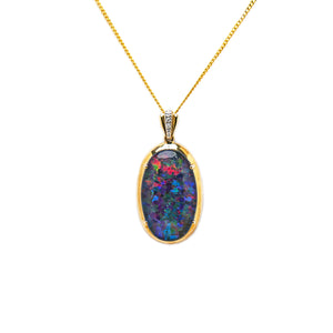 9ct Yellow Gold Triplet Opal Pendant with Diamonds | Oval Cut | Deep Red and Blue with Green Hues | Claw Set | Fremantle Opals