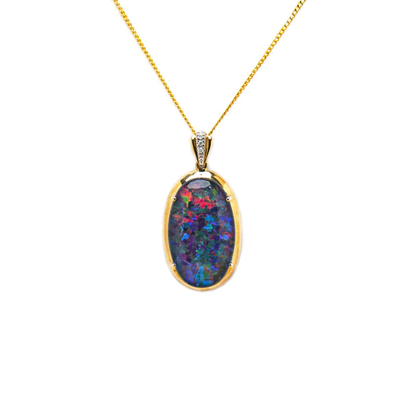 9ct Yellow Gold Triplet Opal Pendant with Diamonds | Oval Cut | Deep Red and Blue with Green Hues | Claw Set | Fremantle Opals