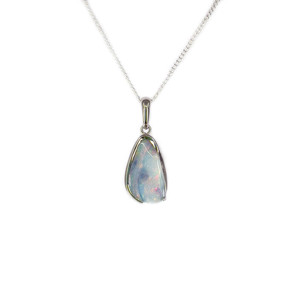Sterling Silver Queensland Boulder Opal Pendant | Free-Form Pear Cut | Pastel Hues of Green, Red, and Blue | Custom Half Bezel and Claw Setting - Fremantle Opals