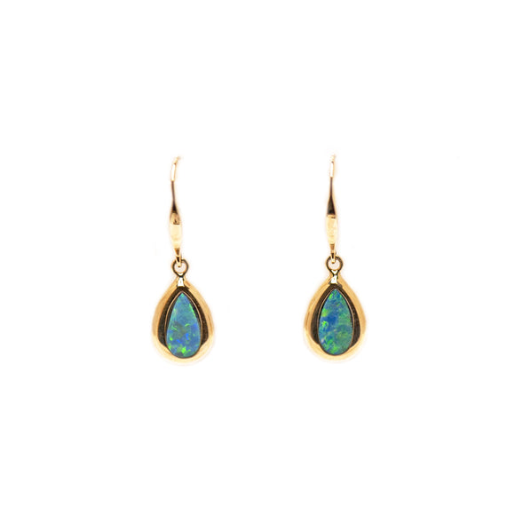 14ct Yellow Gold Australian Doublet Opal Drop Earrings | Pear Cut | Green and Blue Hues | Inlay Set - Fremantle Opals