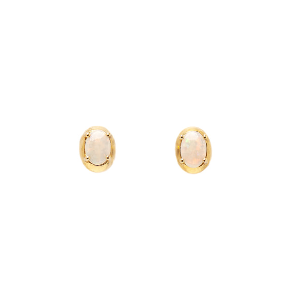 9ct Yellow Gold Solid White Opal Stud Earrings - Oval-cut opals with red and green, claw-set in elegant gold. | Fremantle Opals