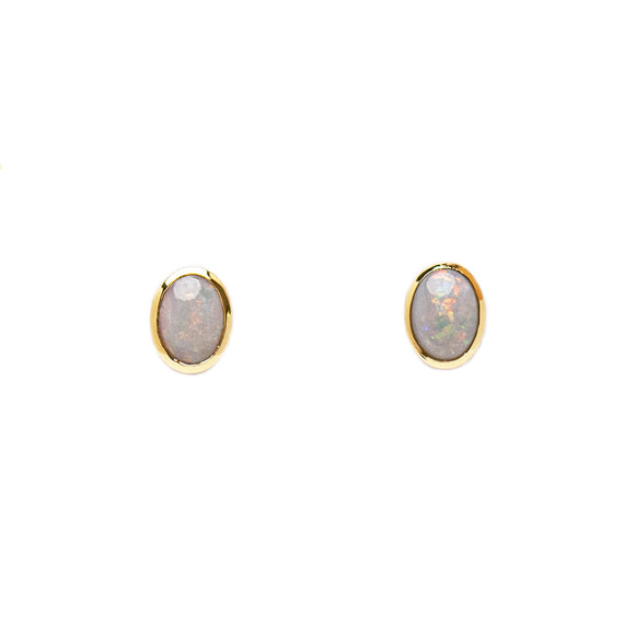 9ct Yellow Gold Light Opal Stud Earrings | Reds, Greens, and Flashes of Blue | 0.86cts | Oval Cut and Bezel Set | Fremantle Opals