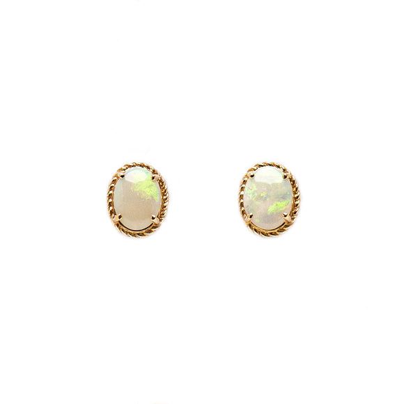 9ct Yellow Gold White Opal Stud Earrings | Green and Orange Hues | Twist Rope Design | Cabochon Cut Opals | Fremantle Opals