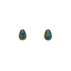 9ct Yellow Gold Triplet Opal Earrings | Pear Cut | Blue and Green with Flashes of Red and Orange | Bezel Set - Fremantlle Opals