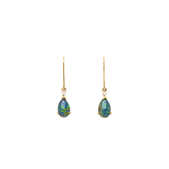 9ct Yellow Gold Triplet Opal Earrings featuring pear-cut green opals with flashes of red, complemented by dazzling diamonds, meticulously claw-set in a hook design | Fremantle Opals