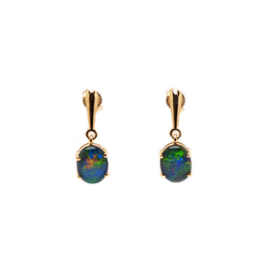 9ct Yellow Gold Triplet Opal Drop Earrings | Oval Cut | Greens and Blues | Claw Set - Fremantle Opals