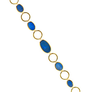 A gold-plated sterling silver bracelet with five oval-cut doublet opals in shades of blue | Fremantle Opals