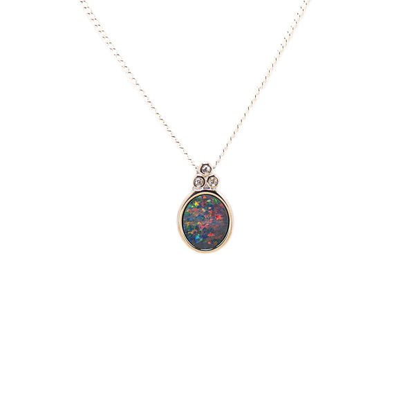 Sterling Silver Doublet Opal Pendant with Cubic Zirconia | Red, Orange, Green, Blue Hues | Oval Cut | Bezel Set | Fremantle Opals