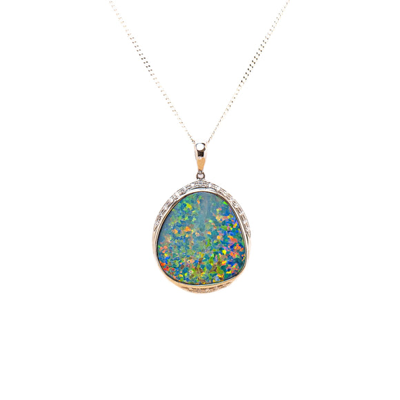 14ct White Gold Opal Doublet Pendant with Diamonds | Orange, Green, Red, Blue Hues | Free-Form Cut | 0.12cts Diamonds | Fremantle Opals
