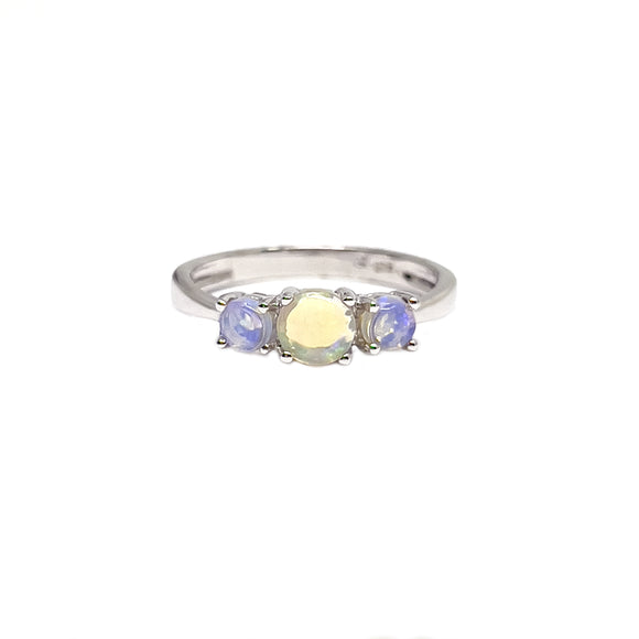 Sterling silver ring featuring a trio of solid light opals, in a claw setting | Fremantle Opals