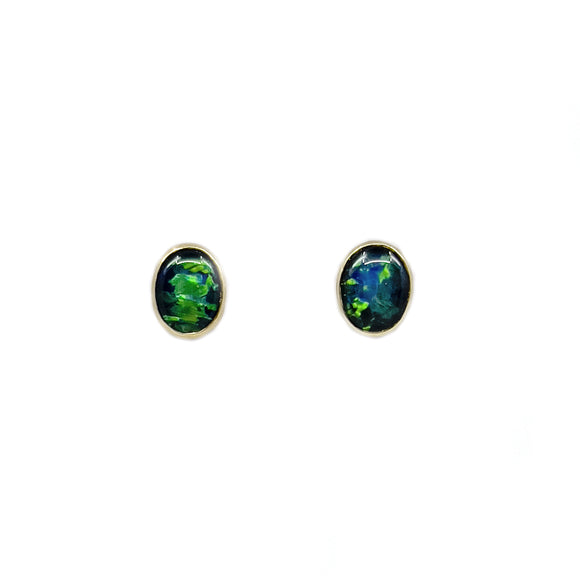 9ct yellow gold earrings featuring vibrant green and blue triplet opal gemstones, oval-shaped and bezel-set for a classic and elegant look. | Fremantle Opals
