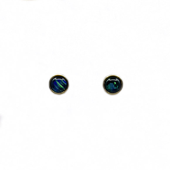 9ct yellow gold stud earrings showcasing round triplet opals with vibrant blue and green patterns, elegantly bezel-set for a classic and sophisticated look. | Fremantle Opals