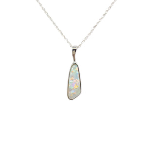A graceful 18ct white gold pendant showcasing a bezel-set solid Australian white opal with a free-form shape, accompanied by a complimentary silver-plated display chain. | Fremantle Opals